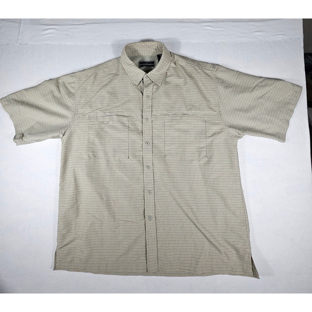 Field‎ & Stream Mens XL Plaid Short Sleeve Fishing Shirt Tan Mesh Back Utility